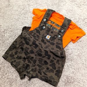Carhartt onesie and overall set. Orange and Army print. 9 months.